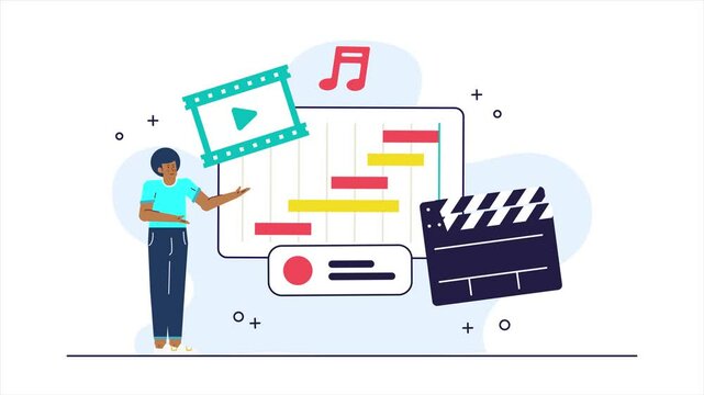 multimedia production process showcasing tools like video musi, and planning elements for creation illustration business animated video