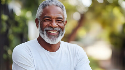 Smiling elderly man in a casual setting outdoors.