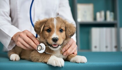 動物病院で聴診器を当てられている笑顔の子犬（Smiling puppy being given a stethoscope at the veterinary hospital）
