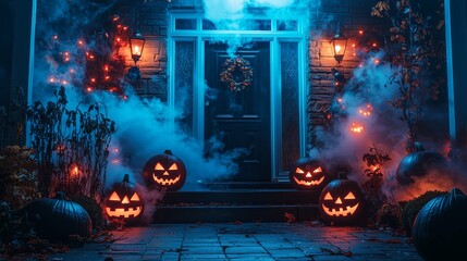 A spooky Halloween porch setup with glowing jack-o'-lanterns, fog effects, and eerie lighting, creating a haunting atmosphere.