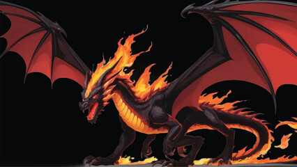 Illustration of a black fired dragon in black background 