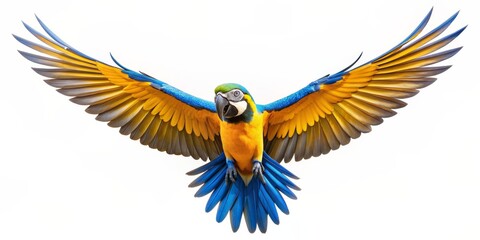 Obraz premium Blue and Gold Macaw in Flight, Wings Spread Wide, Isolated on White, Colorful Feathers, Bird Photography, macaw, bird