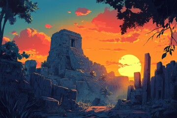 Ancient Ruins at Sunset with a Large Sun in the Sky