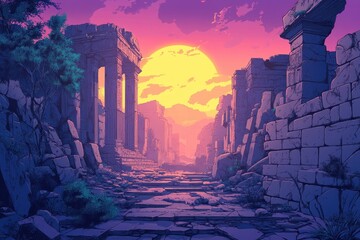 A Pathway Through Ruins Under a Sunset