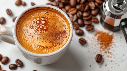 cup,hot espresso,coffee bean,baristtools,white table