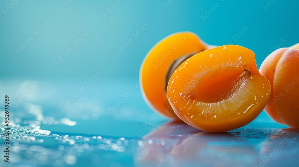 Poster close-up of apricot halves with a focus on the textured surface and the vibrant interior, contrasted