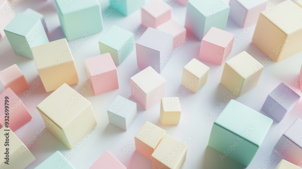 Poster Clean, modern background with a scattering of geometric cubes in soft, muted colors and gentle gradients