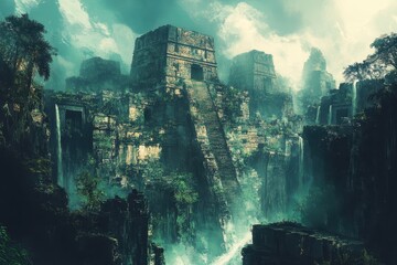 Ancient Mayan Temple Ruins Overgrown with Jungle Vegetation