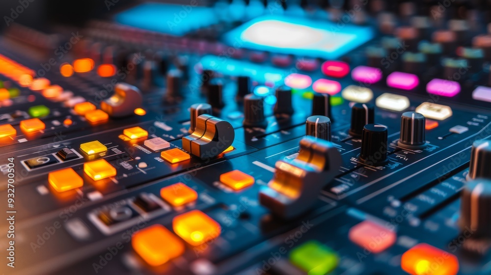 Fototapete close-up of mixing desk with colorful buttons and clean background