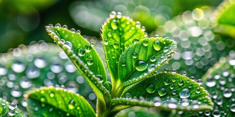 Dew Drops on Green Leaves, Macro Photography, Water Droplets, Nature, Spring , macro, nature