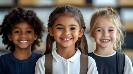 Tiga anak perempuan tersenyum bersama di lingkungan yang cerah.