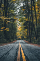 Fototapeta premium Tranquil nature landscape with a scenic forest road, tall trees, highway, and winding path. Lush greenery and serene atmosphere create a picturesque scene.