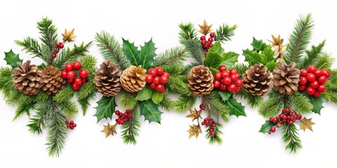 Festive Evergreen Garland with Pine Cones, Holly, and Red Berries, christmas , winter , holiday , decoration