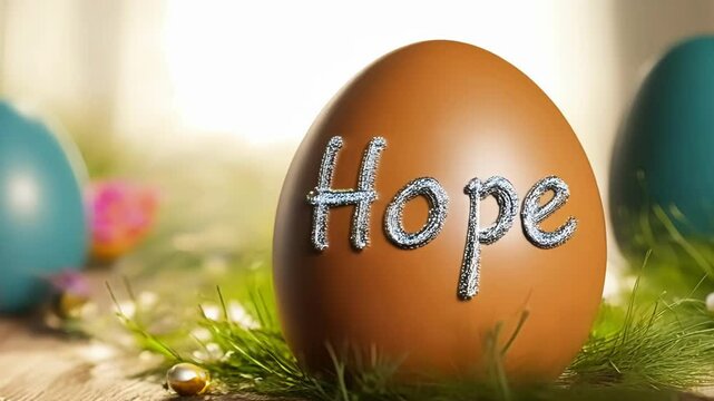 Brown easter egg featuring the word hope sits among vibrant grass, colorful eggs, and blooming flowers, creating a cheerful and festive atmosphere for the spring holiday celebration