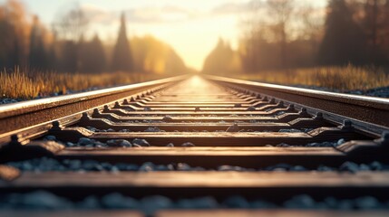 Railroad track leading into the distance with stocks as ties, long-term path, 3D illustration