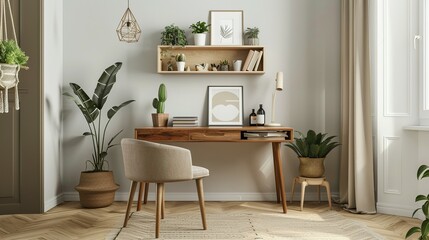 Fototapeta premium Modern Home Office with Minimalist Design: Wooden Desk, Decorative Items, Chair, and Potted Plants. Cozy Adjoining Room Revealed Through Doorway. Home Decor