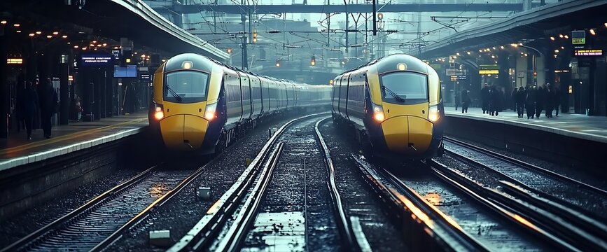 Two modern electric trains on parallel tracks at a station, one facing left and one facing right.