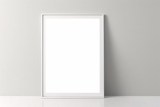 Maqueta de marco de p&oacute;ster de imagen de madera m&iacute;nima sobre papel tapiz blanco	
