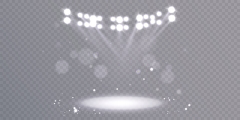 Vector spotlights with bright white light to illuminate the stage. Spotlight with bright white light. Vector spotlight for studio. Vector illustration	