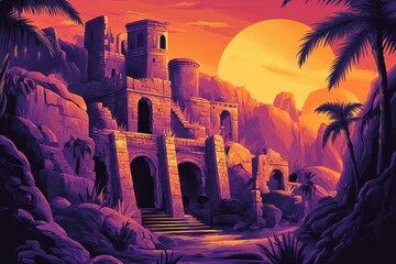 Ruined Stone Structure in a Desert Landscape with a Large Sun