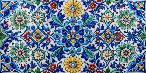 Intricate Floral Tile with Blue, Green and Yellow Hues, Floral Design, Tile Pattern, Italian Ceramic, Decorative Tile