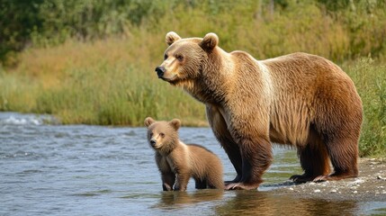 Obraz premium Mother Bear and Cub by the River