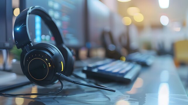 Communication support, call center and customer service help desk. VOIP headset for customer service support (call center) concep. 