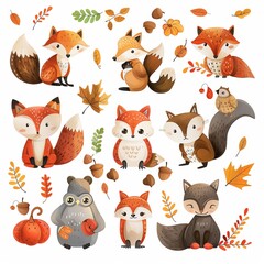 Fototapeta premium Charming Autumn Animal Collection Featuring Foxes, Squirrels, and Forest Creatures, Fall-Inspired Cartoon Illustrations