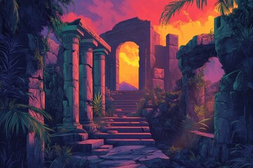 Ancient Ruins with Steps Leading to a Sunset View