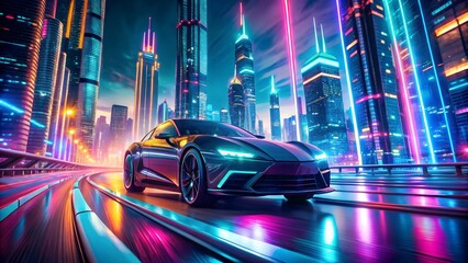a luxury car driving on highway cyberpunk city night time, neon color, science fiction, detailed scene