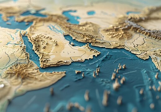 3d map of the middle east, accurate topography, high resolution, accurate features, accurate borders, no text or numbers on it,