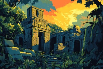 Ancient Stone Temple Ruins Amidst Lush Jungle at Sunset