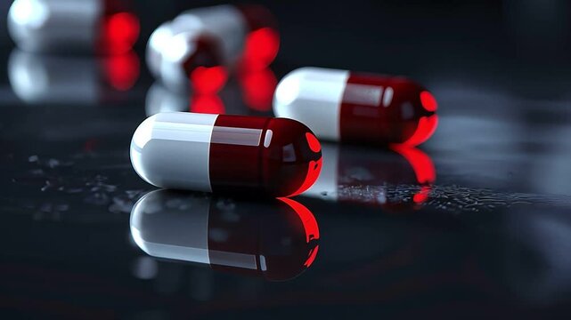 Close-up of red and white capsules on a dark surface, representing pharmaceuticals and modern medicine.