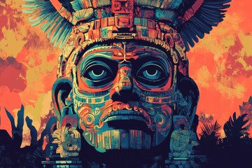 Colorful Abstract Mosaic of a Mayan Deity with Wings