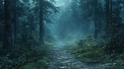 Fototapeta premium Mystical Forest Path with Fog and Trees