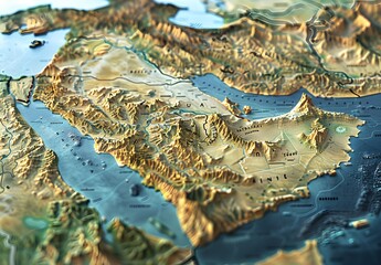 3d map of the middle east, accurate topography, high resolution, accurate features, accurate borders, no text or numbers on it,