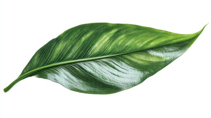 Obraz premium Single Green Leaf with White Veins Isolated on White Background