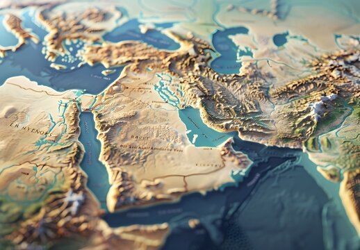 3d map of the middle east, accurate topography, high resolution, accurate features, accurate borders, no text or numbers on it,
