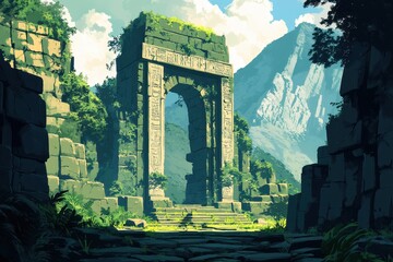 Stone Archway Leading Through Overgrown Ruins