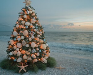 Coastal Christmas: Beautifully Decorated Christmas Tree Adorned with Shells and Marine Themed Ornaments on a Tropical Beach at Sunset