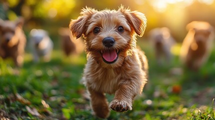 Happy Dog Running in Grass with Bokeh Background