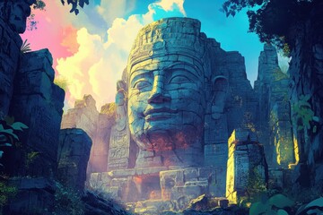 Ancient Stone Face Carved into Temple Ruins in Tropical Jungle