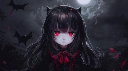 A kid girl, disguised as Dracula, expresses a mysterious vibe surrounded by flying bats and a haunting full moon backdrop