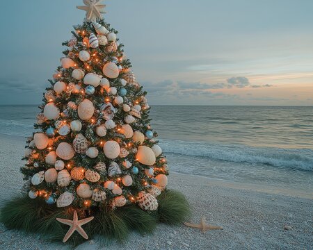 Coastal Christmas: Beautifully Decorated Christmas Tree Adorned with Shells and Marine Themed Ornaments on a Tropical Beach at Sunset
