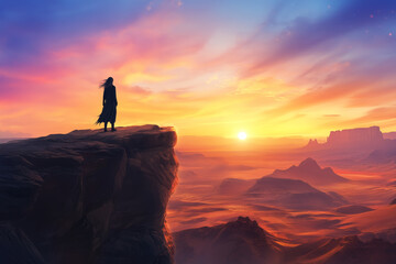 Fototapeta premium A lone silhouette stands on a cliff, gazing at a vibrant sunset over an expansive, desolate desert landscape
