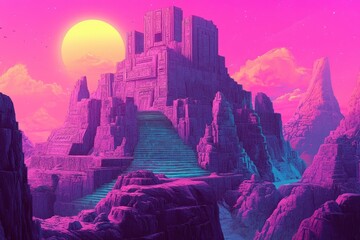 Ancient Stone Structure in a Pink and Purple Landscape