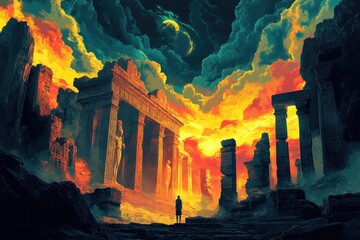 A lone figure contemplates ruins bathed in fiery twilight
