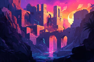 A Ruined City at Sunset with a Bridge and a River