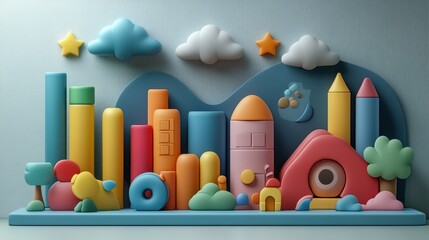 Colorful  D Cartoon Cityscape with Buildings  Houses  Clouds and Stars