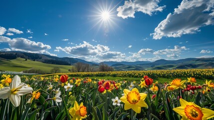 Fototapeta premium Colorful spring meadow featuring blooming tulips and daffodils, under a brilliant sun with distant hills and a few scattered clouds.